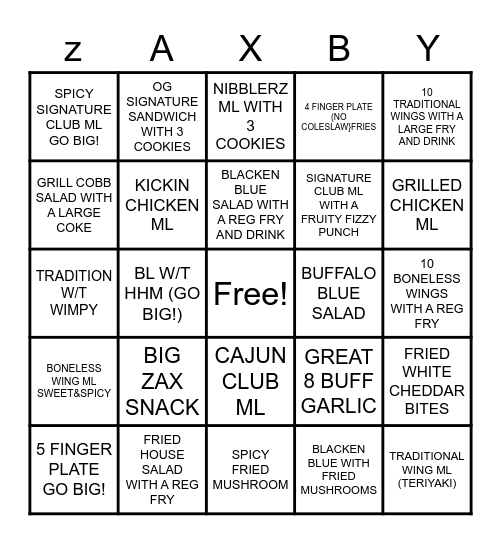 Zaxby's Bingo Card