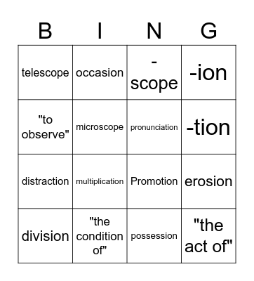 -tion, -ion, and -scope Suffix Bingo Card