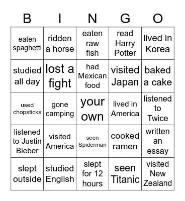Have you ever...? Bingo Card