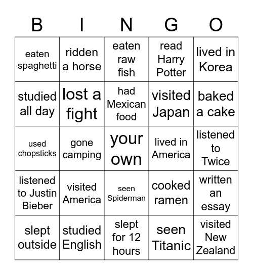 Have you ever...? Bingo Card