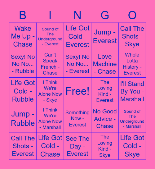 Chronalogical Order Bingo Card