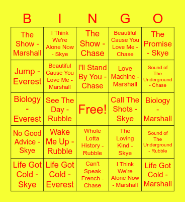 3rd September 2012 Bingo Card