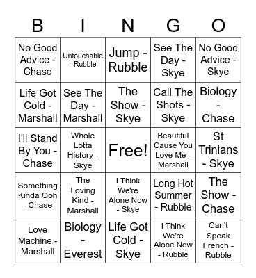 September 2020 Bingo Card