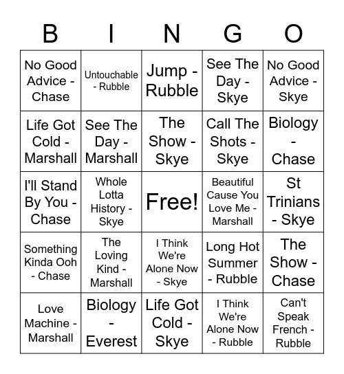 September 2020 Bingo Card