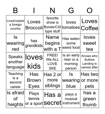 SKE Back to School BINGO Card