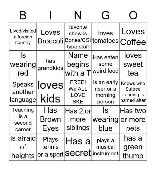 SKE Back to School BINGO Card