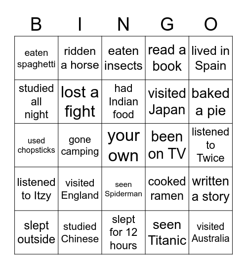 Have you ever...? Bingo Card