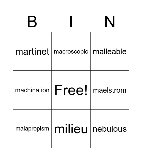 Vocab 12 Bingo Card