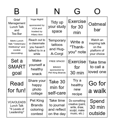 Wellness Week BINGO! Bingo Card