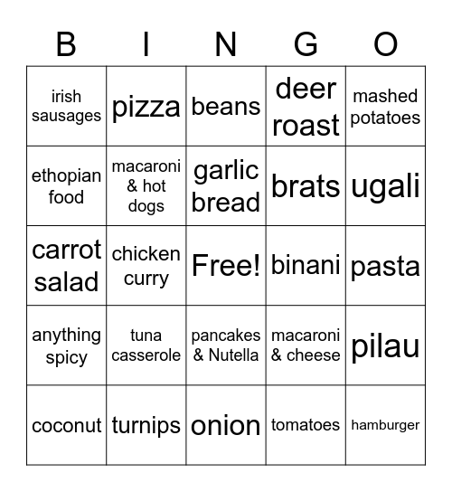 Missionary Pal Foods! Bingo Card