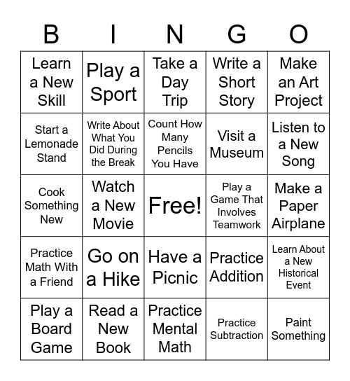 Spring Break Activites Bingo Card