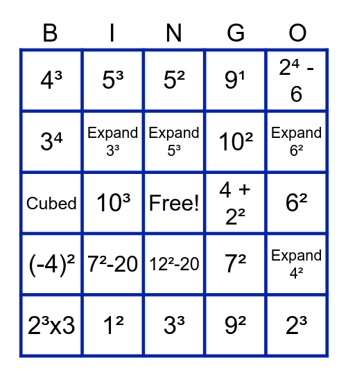Exponents Bingo Card