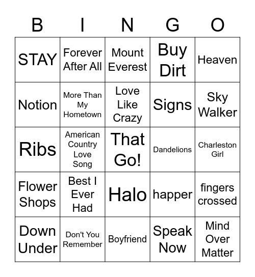 MHS Softball's Favorite Songs Bingo Card