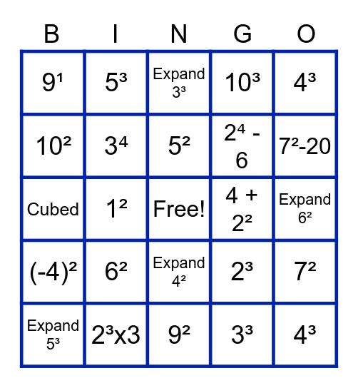 Exponents Bingo Card