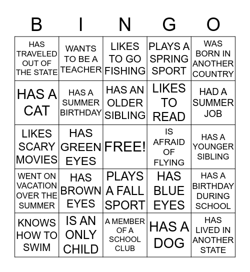 GETTING TO KNOW YOU BINGO! Bingo Card