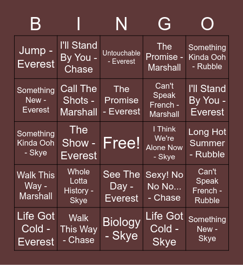 September 2020 - Music Bingo Card