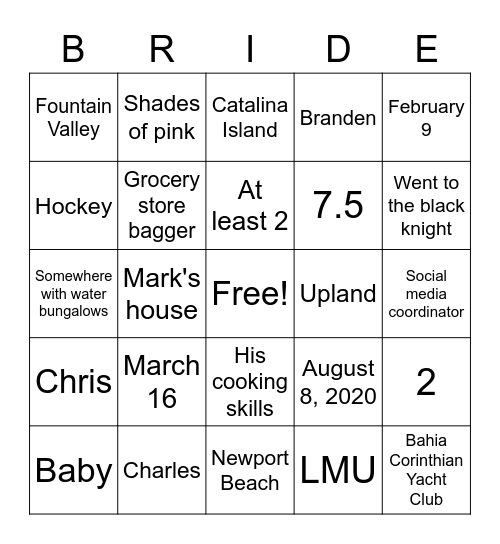 Andrina's Bridal Bingo Card