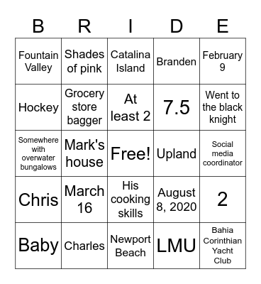 Andrina's Bridal Bingo Card