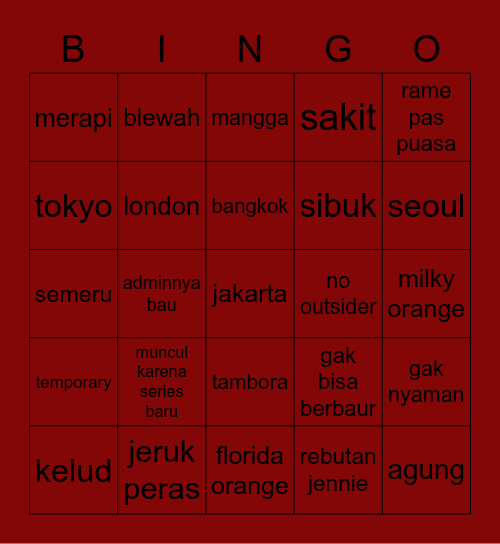 taeri cantik Bingo Card