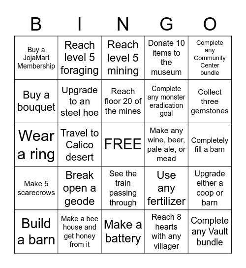 Stardew Valley Challenge Bingo Card