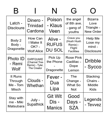 Top Songs Bingo Card