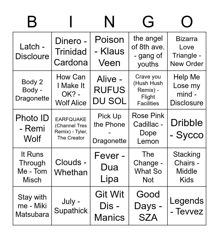 Top Songs Bingo Card