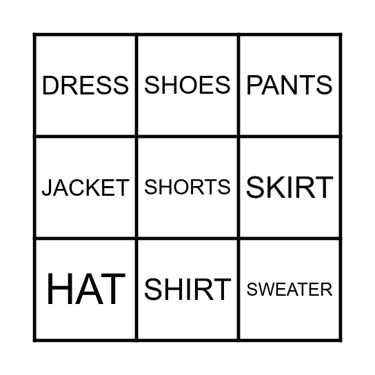 CLOTHES WORDS Bingo Card