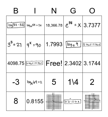 Algebra 2: Exponential and Logs Bingo Card