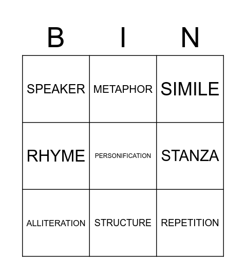 Poetry Terms Bingo Card