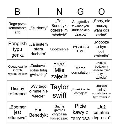 Język pisany Bingo Card