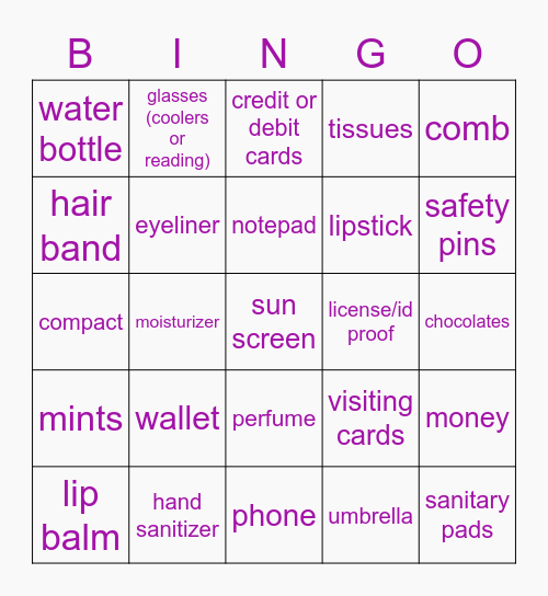 What's In A Purse? Bingo Card