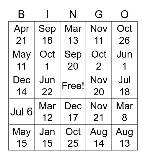 Y - Birthdays Bingo Card
