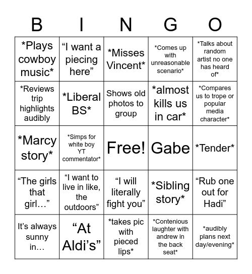 Suzi bingo Card