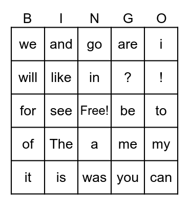 Kindergarten Sight Words Bingo Card