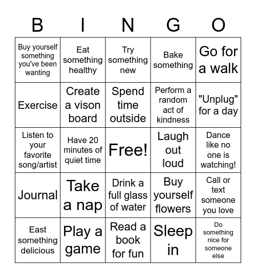 Ethics 825 - Spring Break Self Care! Bingo Card