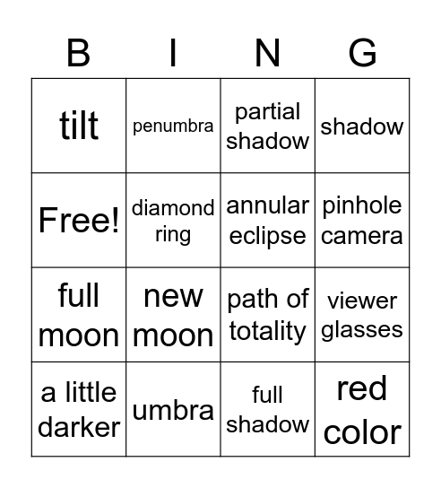 Moon Phases Bingo Card