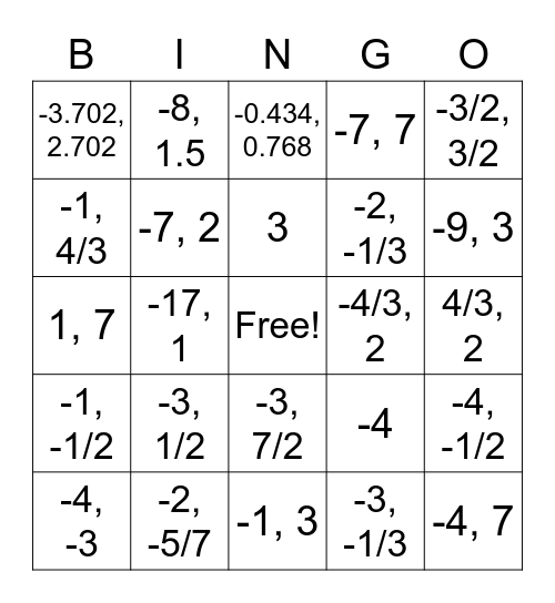 Solving Quadratic Equations Bingo Card