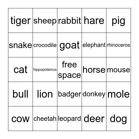 animals Bingo Card