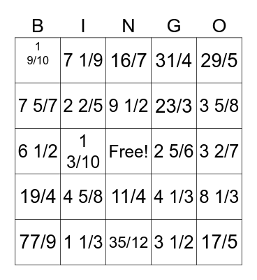 Mixed Numbers/Improper Fractions Bingo Card