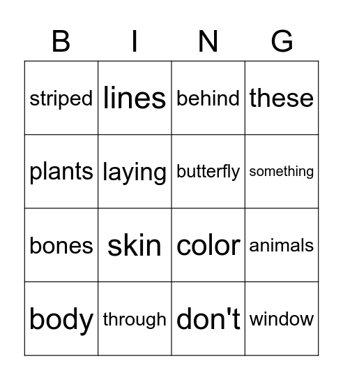 See-Through Animals Bingo Card