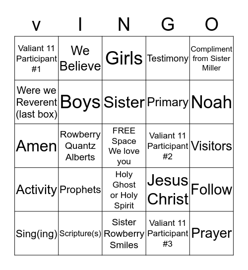 Valiant 11 Primary Bingo #2 Bingo Card