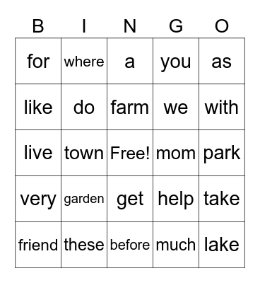 ELA sight words Bingo Card