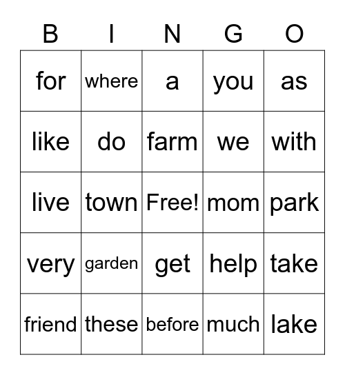 ELA sight words Bingo Card