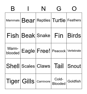 Animals Bingo Card