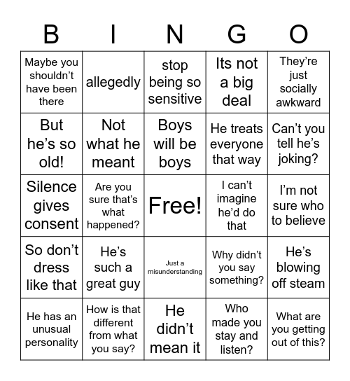 Harassment Bingo Card