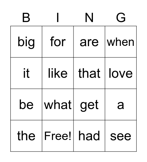 sight word bingo Card