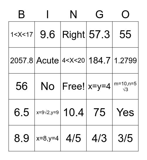 Trigonometry Bingo Card