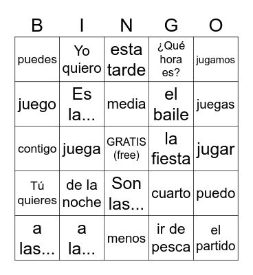 Chapter 4B vocab + telling time Bingo Card