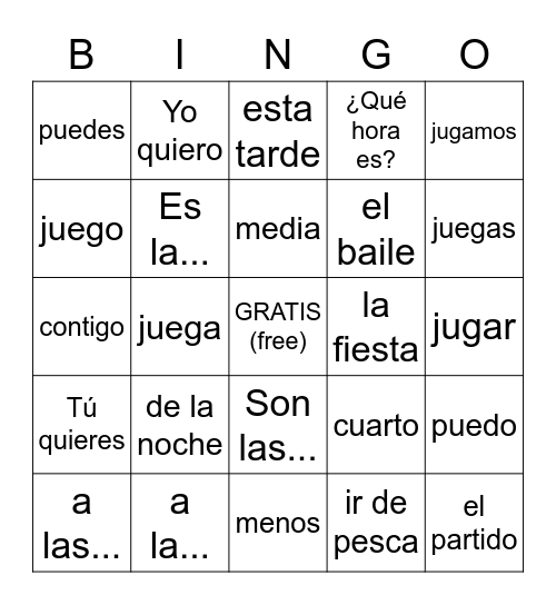 Chapter 4B vocab + telling time Bingo Card