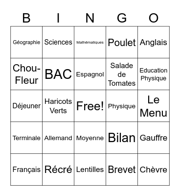 La Vie Scolaire Bingo Card